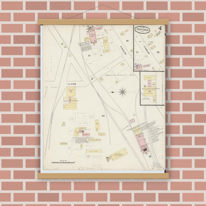 Old map wall art mockup — magnetic wood frame on brick wall — Sanborn Fire Insurance Map from Fostoria, Seneca, Hancock, And Wood Counties, Ohio (1887), Sheet #0004