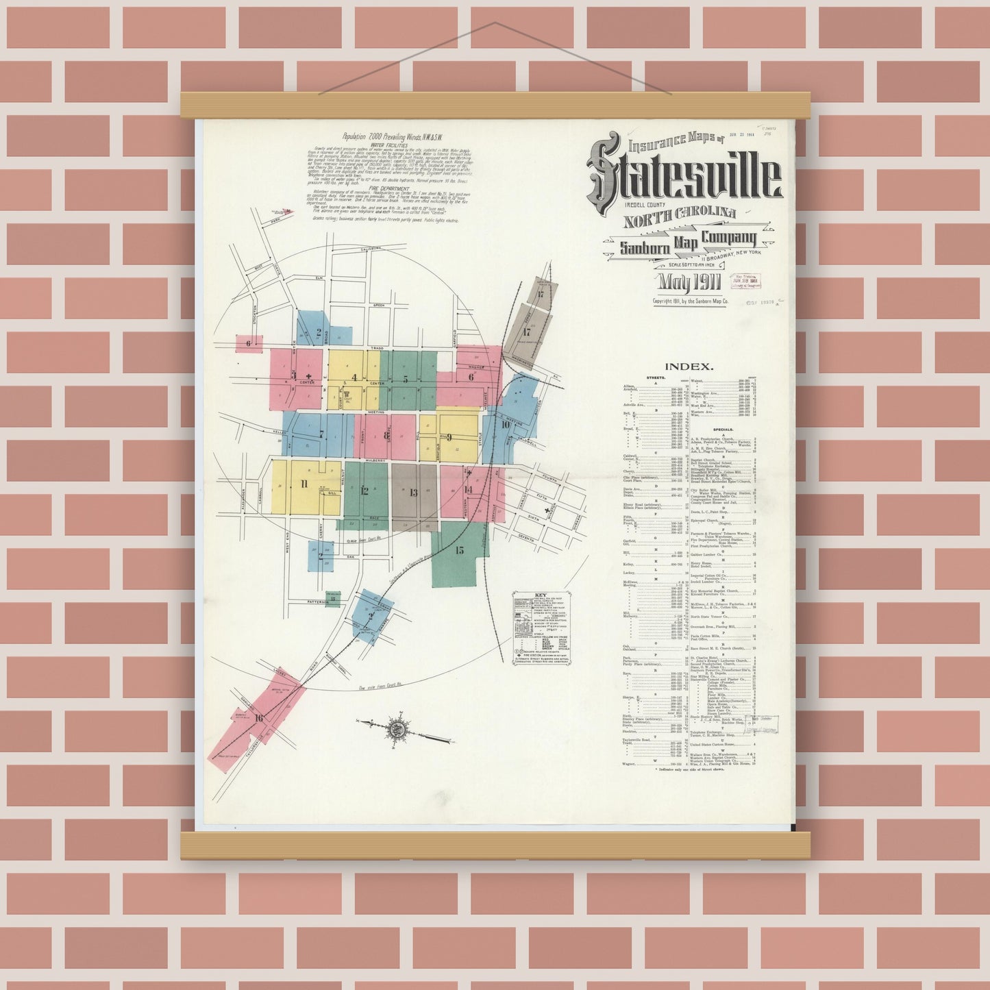 Old map wall art mockup — magnetic wood frame on brick wall — Sanborn Fire Insurance Map from Statesville, Iredell County, North Carolina (1911), Sheet #0001