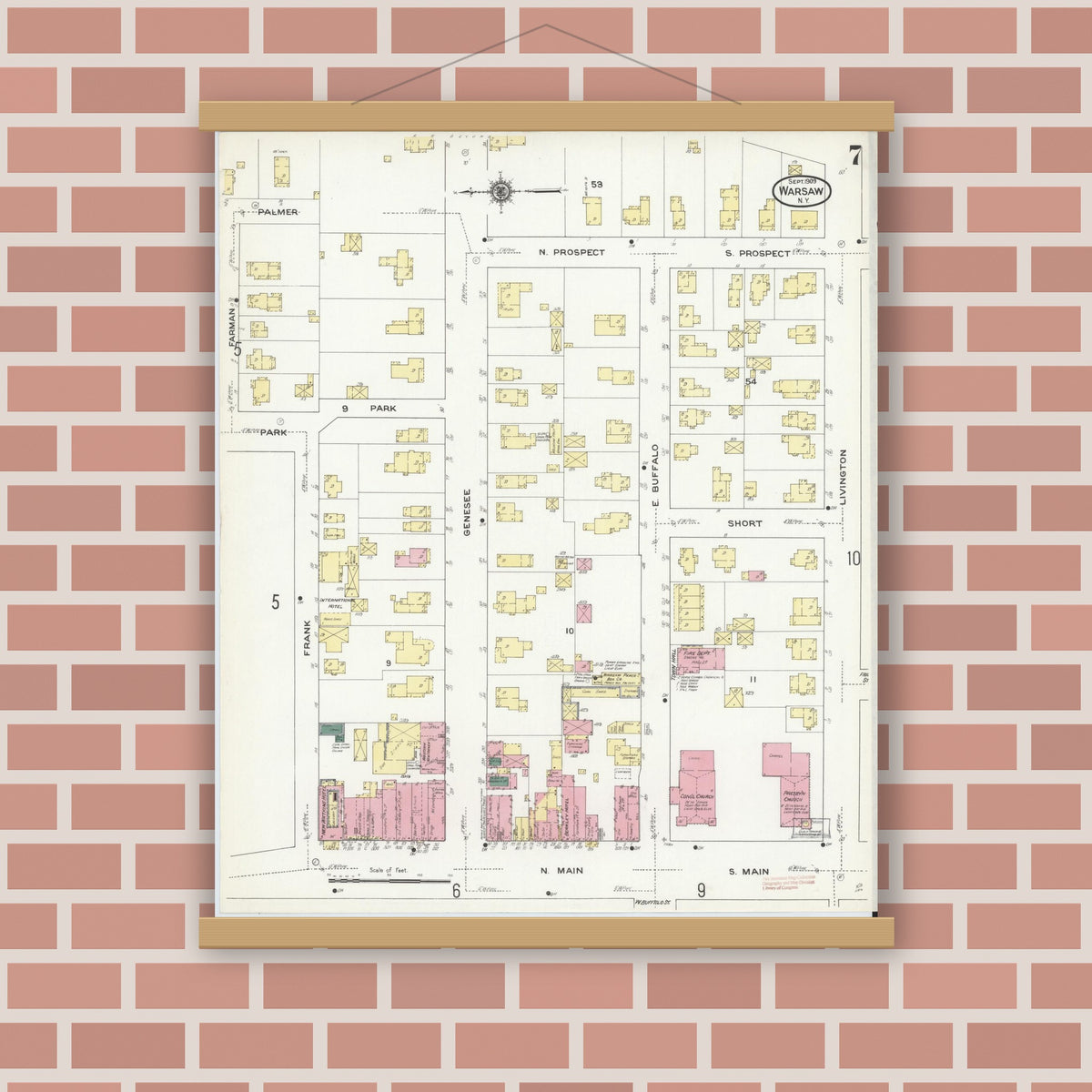 Old map wall art mockup — magnetic wood frame on brick wall — Sanborn Fire Insurance Map from Warsaw, Wyoming County, New York (1909), Sheet #0007