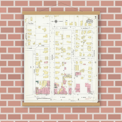 Old map wall art mockup — magnetic wood frame on brick wall — Sanborn Fire Insurance Map from Warsaw, Wyoming County, New York (1909), Sheet #0007