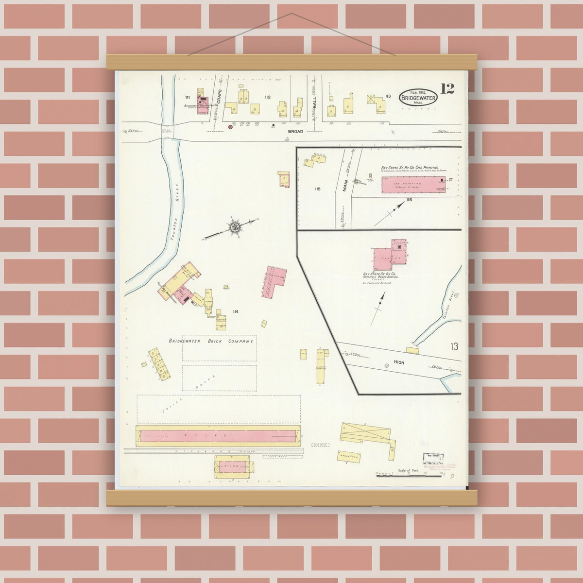 Old map wall art mockup — magnetic wood frame on brick wall — Sanborn Fire Insurance Map from Bridgewater, Plymouth County, Massachusetts (1912), Sheet #0012