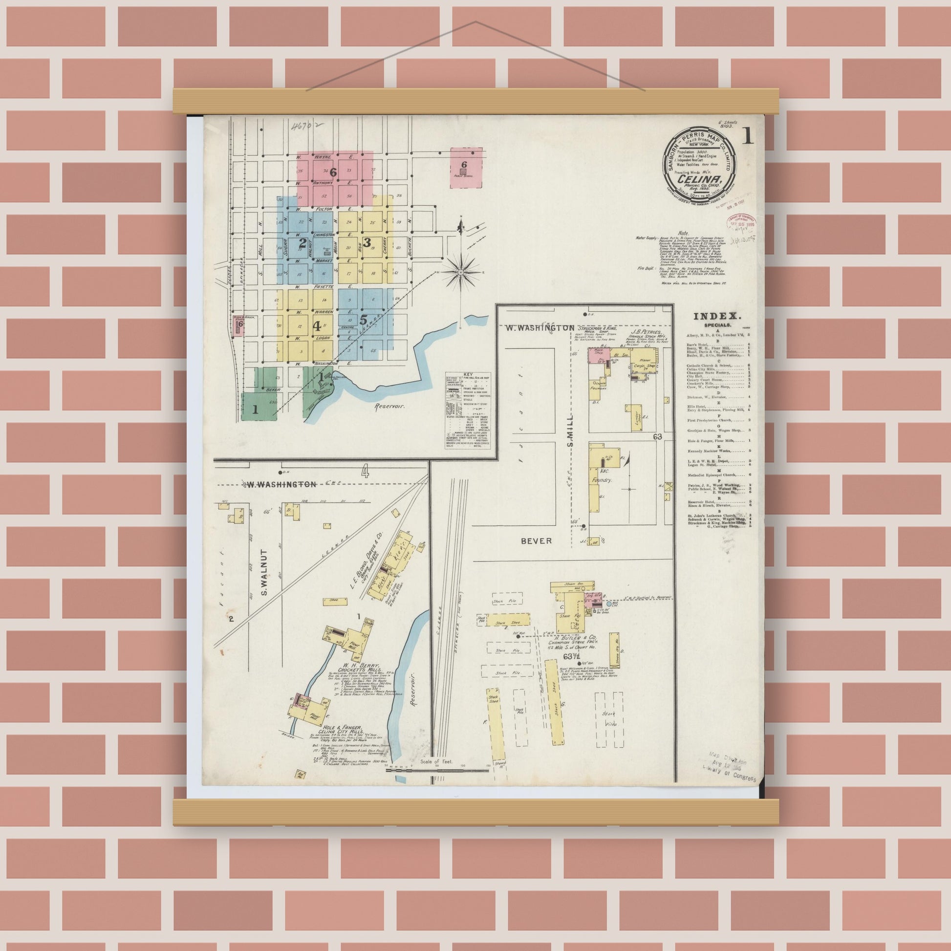 Old map wall art mockup — magnetic wood frame on brick wall — Sanborn Fire Insurance Map from Celina, Mercer County, Ohio (1895) - Complete Map Set