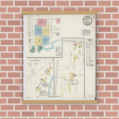 Old map wall art mockup — magnetic wood frame on brick wall — Sanborn Fire Insurance Map from Celina, Mercer County, Ohio (1895) - Complete Map Set