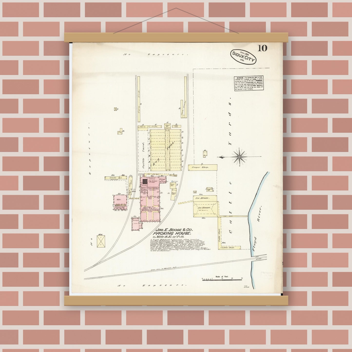 Old map wall art mockup — magnetic wood frame on brick wall — Sanborn Fire Insurance Map from Sioux City, Woodbury County, Iowa (1884), Sheet #0010