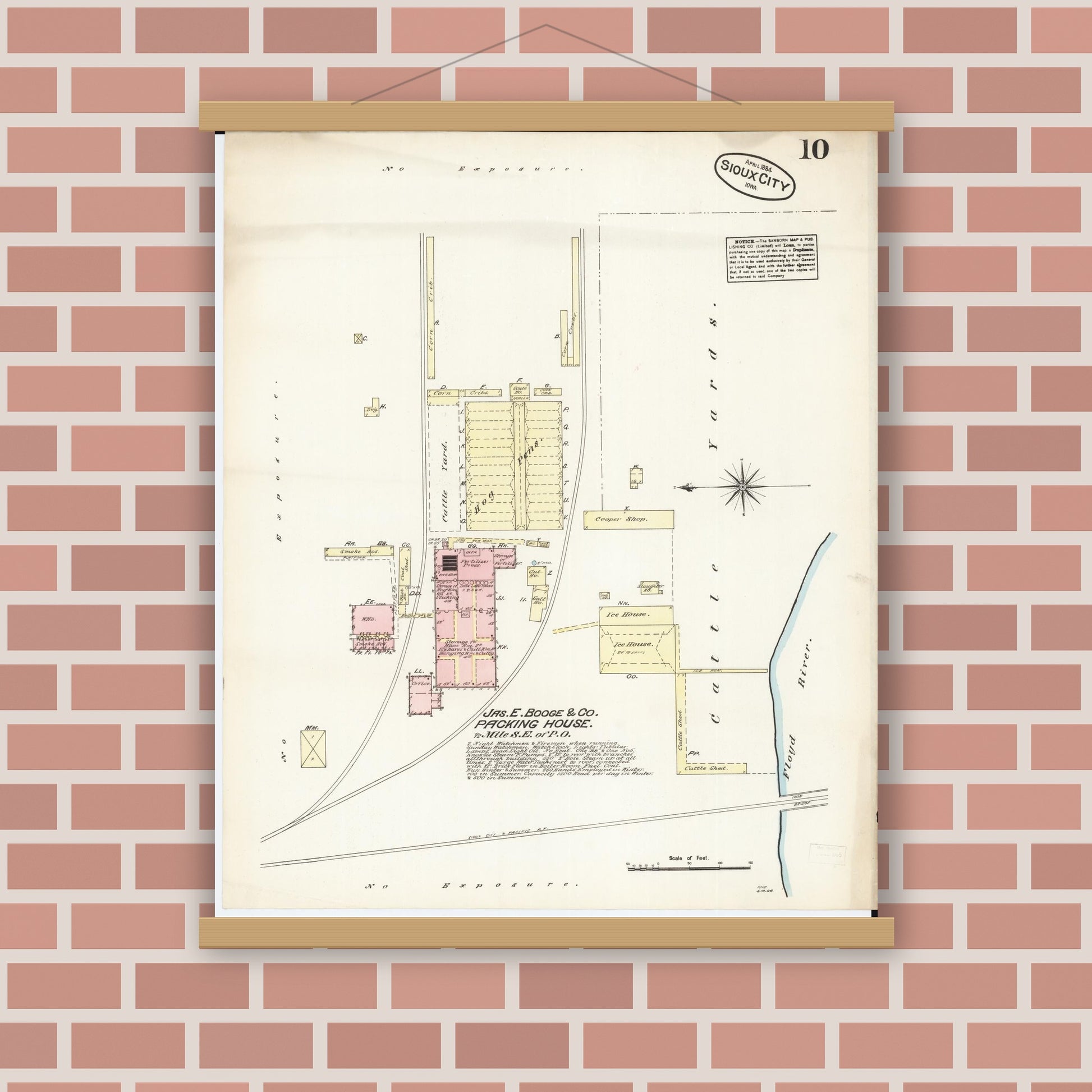 Old map wall art mockup — magnetic wood frame on brick wall — Sanborn Fire Insurance Map from Sioux City, Woodbury County, Iowa (1884), Sheet #0010