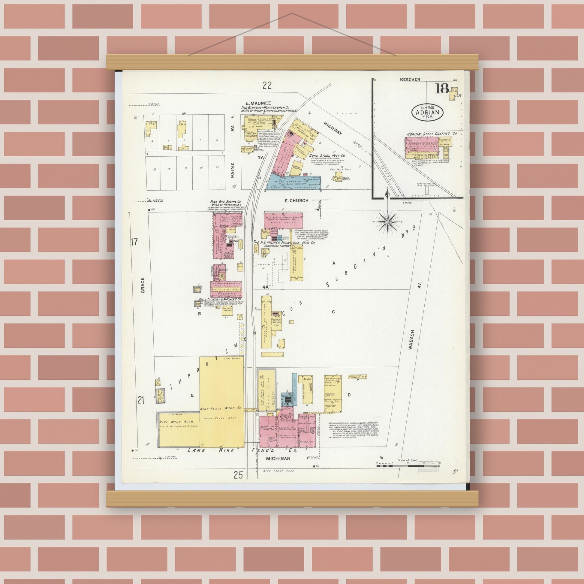 Old map wall art mockup — magnetic wood frame on brick wall — Sanborn Fire Insurance Map from Adrian, Lenawee County, Michigan (1908), Sheet #0018