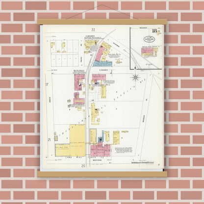 Old map wall art mockup — magnetic wood frame on brick wall — Sanborn Fire Insurance Map from Adrian, Lenawee County, Michigan (1908), Sheet #0018
