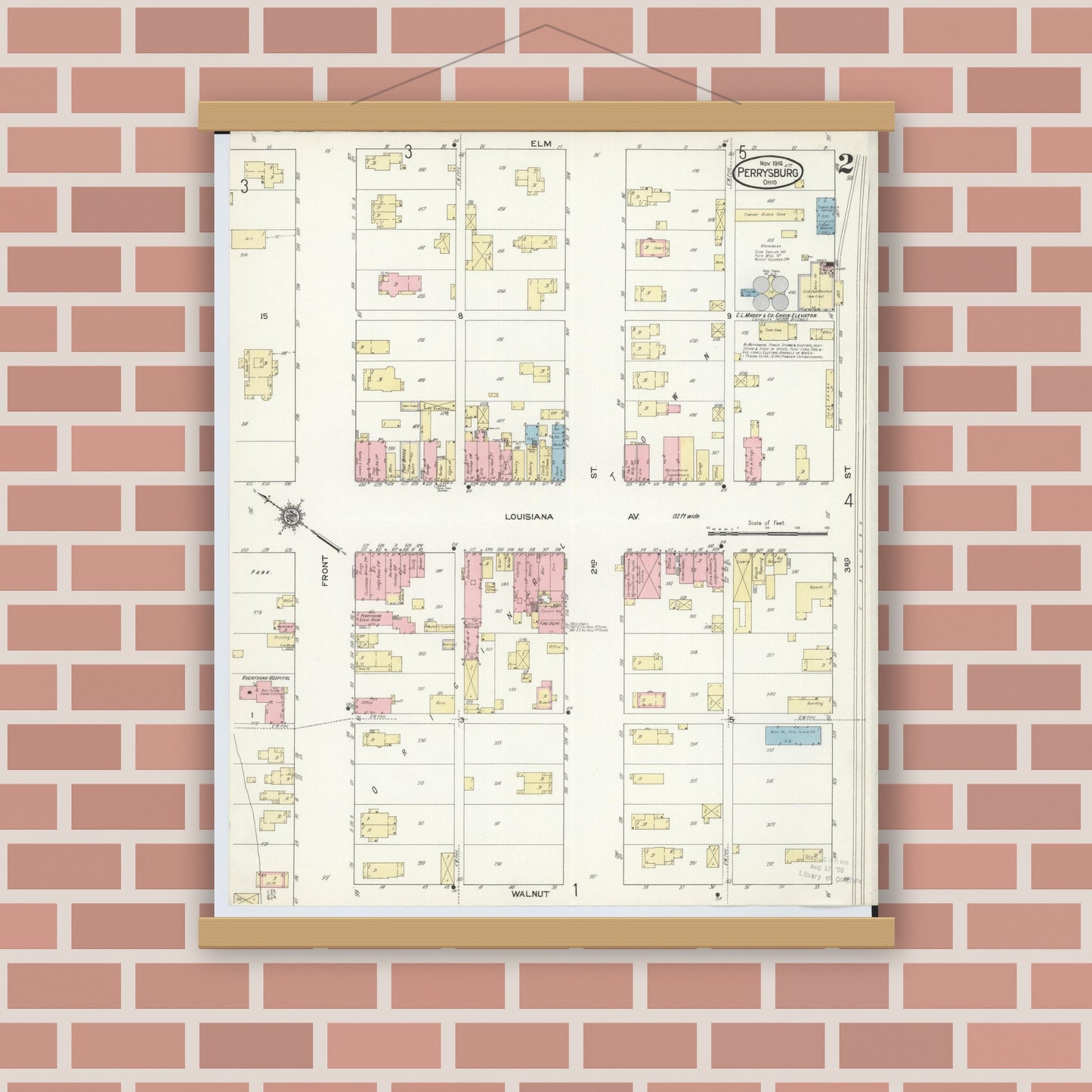Old map wall art mockup — magnetic wood frame on brick wall — Sanborn Fire Insurance Map from Perrysburg, Wood County, Ohio (1914), Sheet #0002