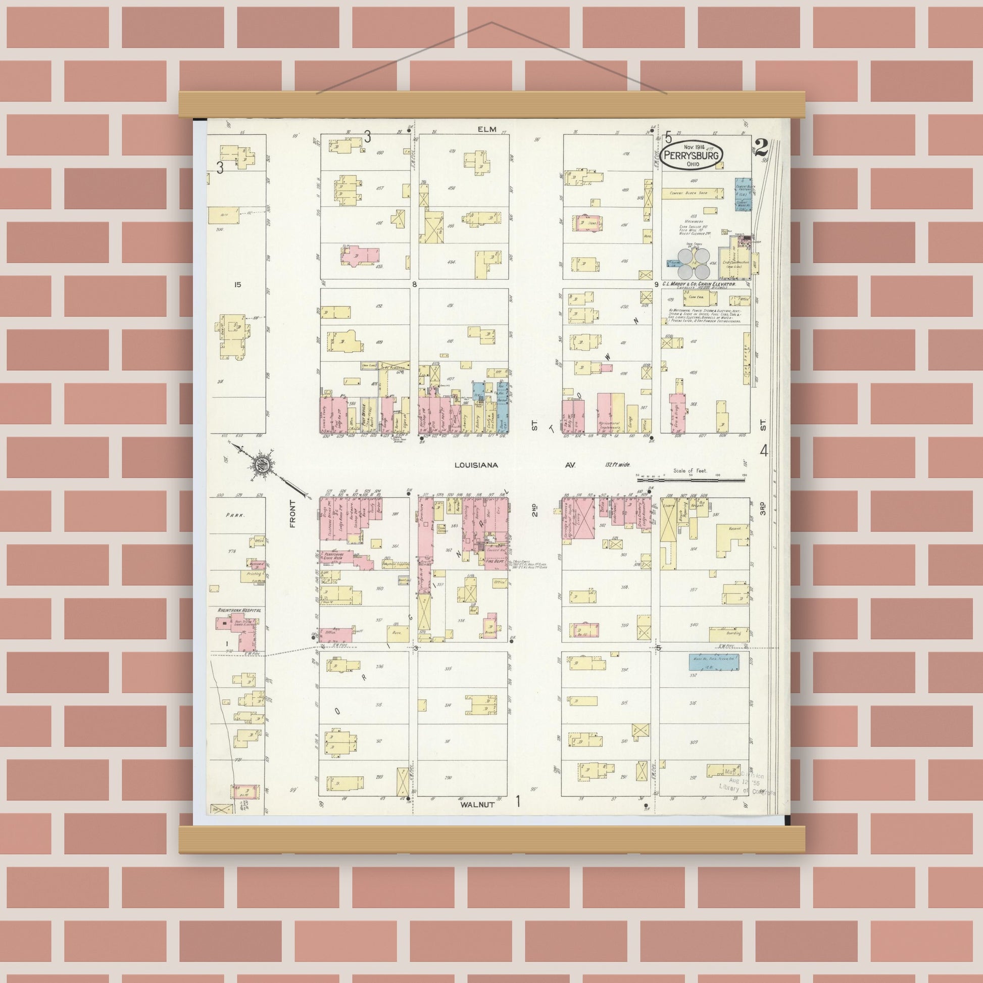 Old map wall art mockup — magnetic wood frame on brick wall — Sanborn Fire Insurance Map from Perrysburg, Wood County, Ohio (1914), Sheet #0002