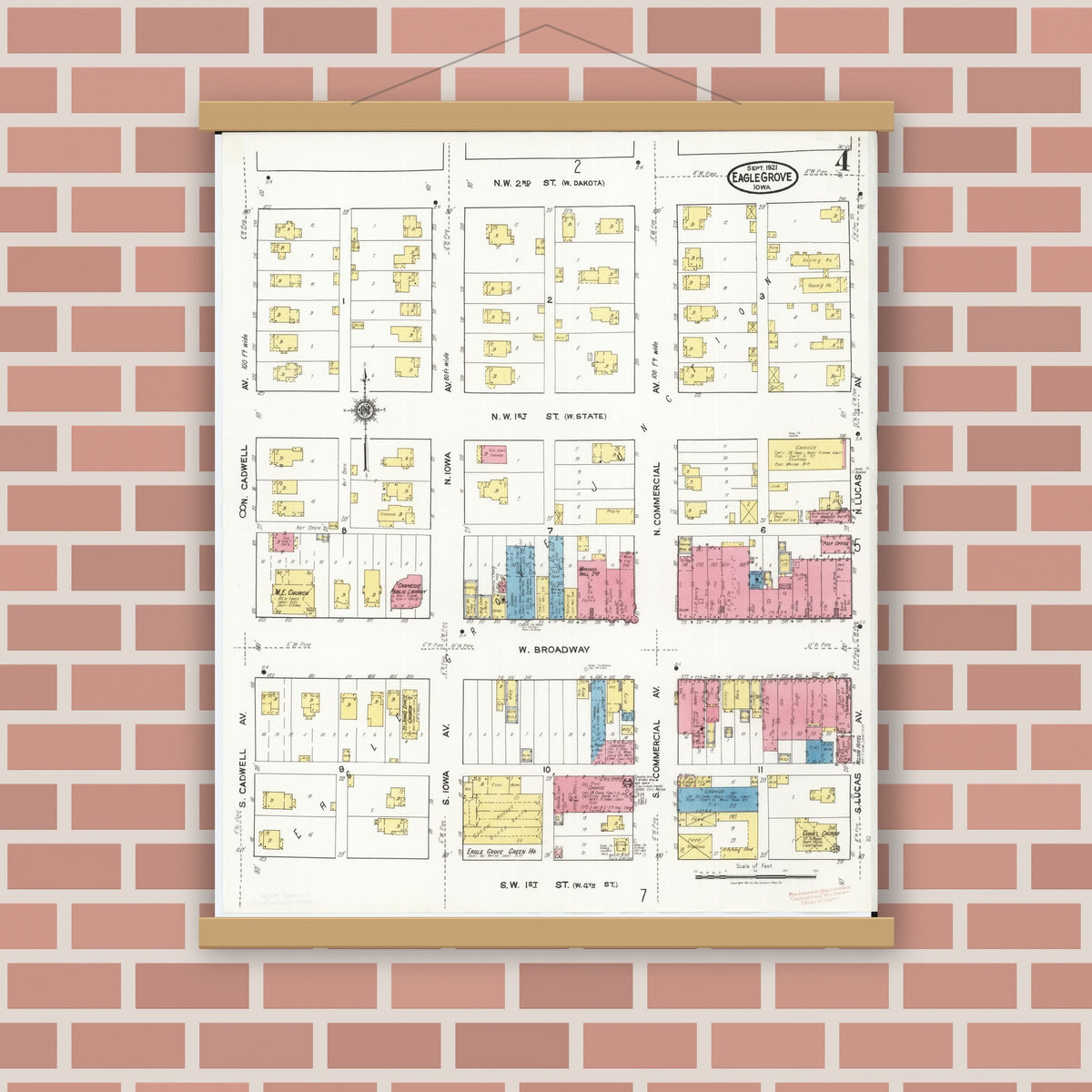 Old map wall art mockup — magnetic wood frame on brick wall — Sanborn Fire Insurance Map from Eagle Grove, Wright County, Iowa (1921), Sheet #0004