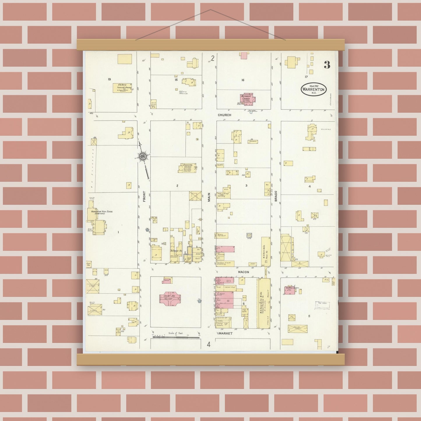 Old map wall art mockup — magnetic wood frame on brick wall — Sanborn Fire Insurance Map from Warrenton, Warren County, North Carolina (1912), Sheet #0003