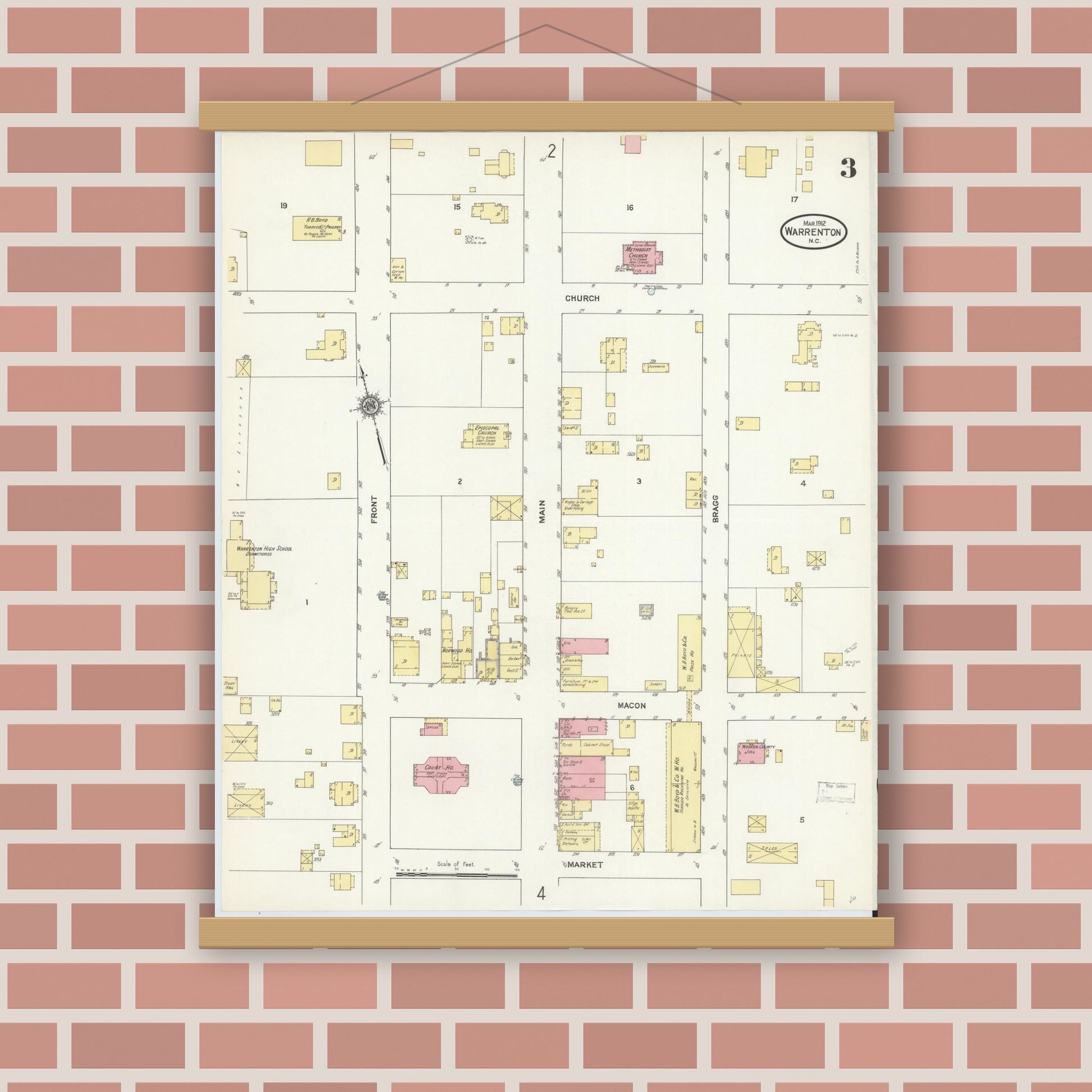 Old map wall art mockup — magnetic wood frame on brick wall — Sanborn Fire Insurance Map from Warrenton, Warren County, North Carolina (1912), Sheet #0003