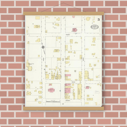 Old map wall art mockup — magnetic wood frame on brick wall — Sanborn Fire Insurance Map from Warrenton, Warren County, North Carolina (1912), Sheet #0003