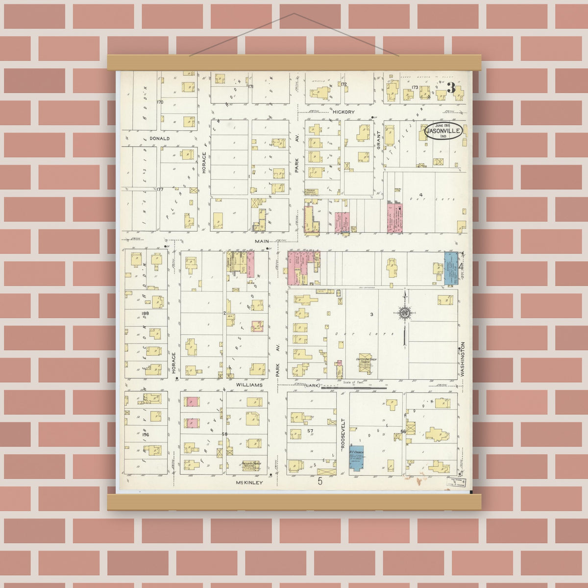 Old map wall art mockup — magnetic wood frame on brick wall — Sanborn Fire Insurance Map from Jasonville, Greene County, Indiana (1915), Sheet #0003