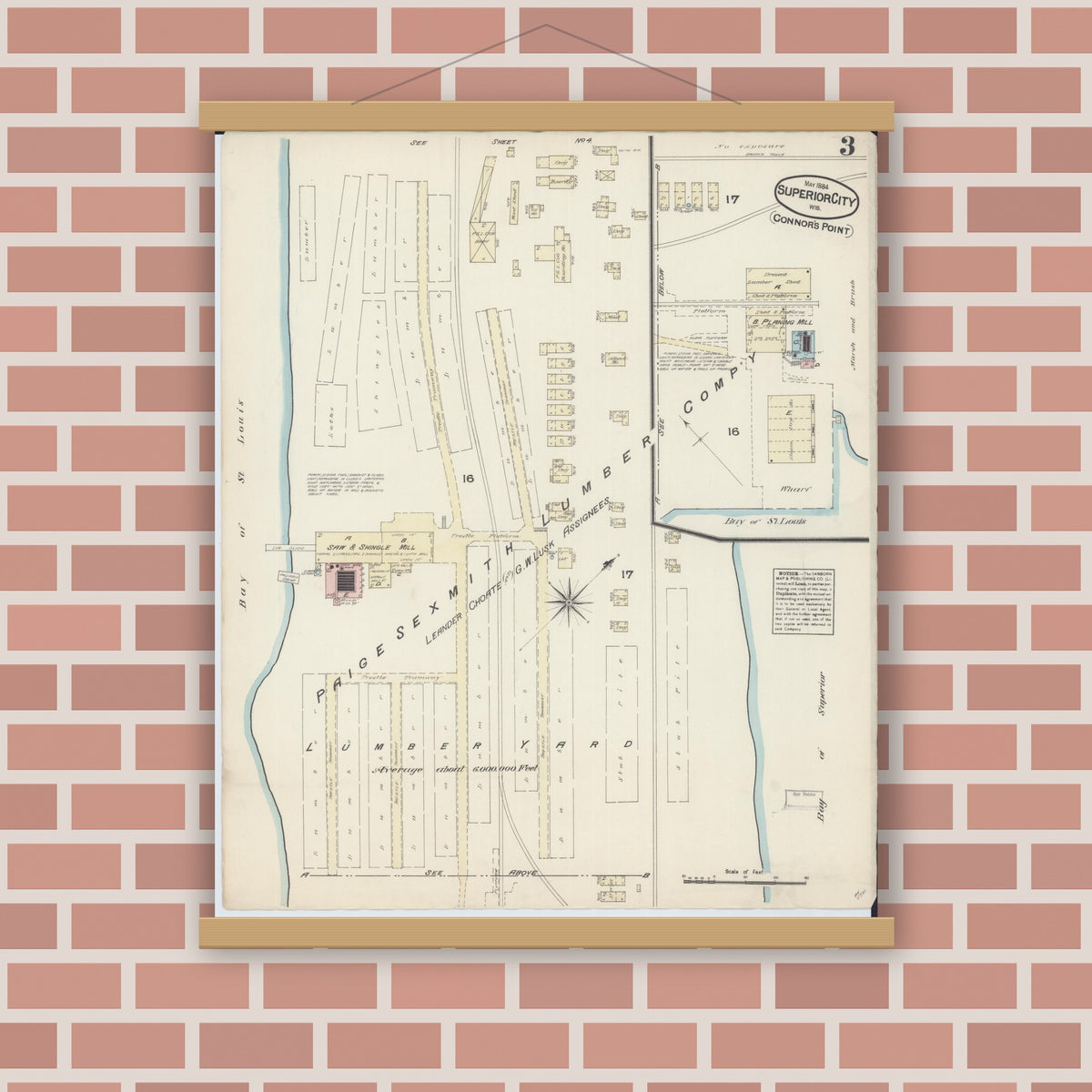 Old map wall art mockup — magnetic wood frame on brick wall — Sanborn Fire Insurance Map from Superior, Douglas County, Wisconsin (1884), Sheet #0003