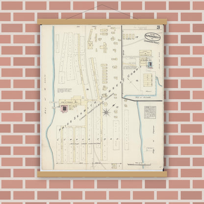 Old map wall art mockup — magnetic wood frame on brick wall — Sanborn Fire Insurance Map from Superior, Douglas County, Wisconsin (1884), Sheet #0003