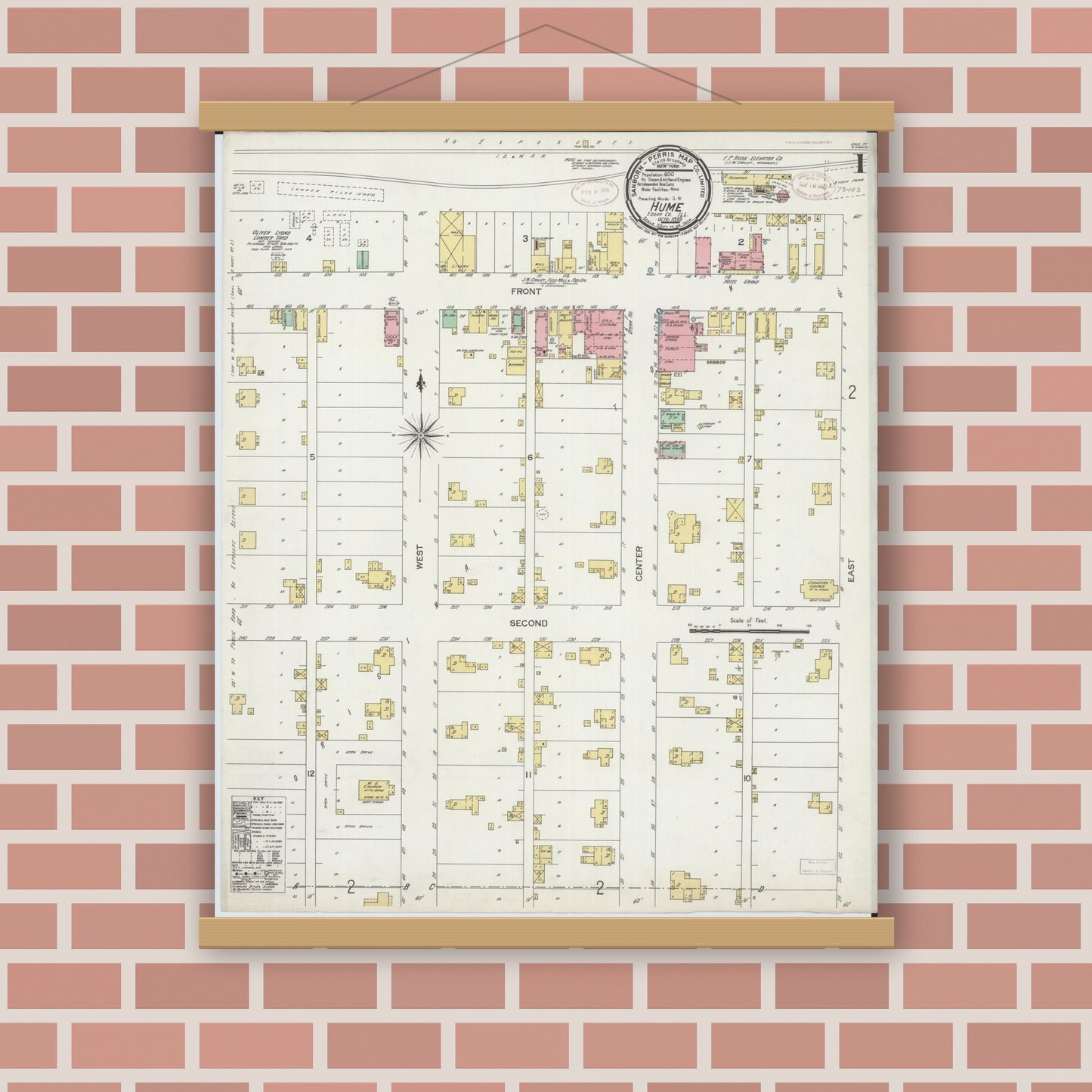 Old map wall art mockup — magnetic wood frame on brick wall — Sanborn Fire Insurance Map from Hume, Edgar County, Illinois (1899) - Complete Map Set