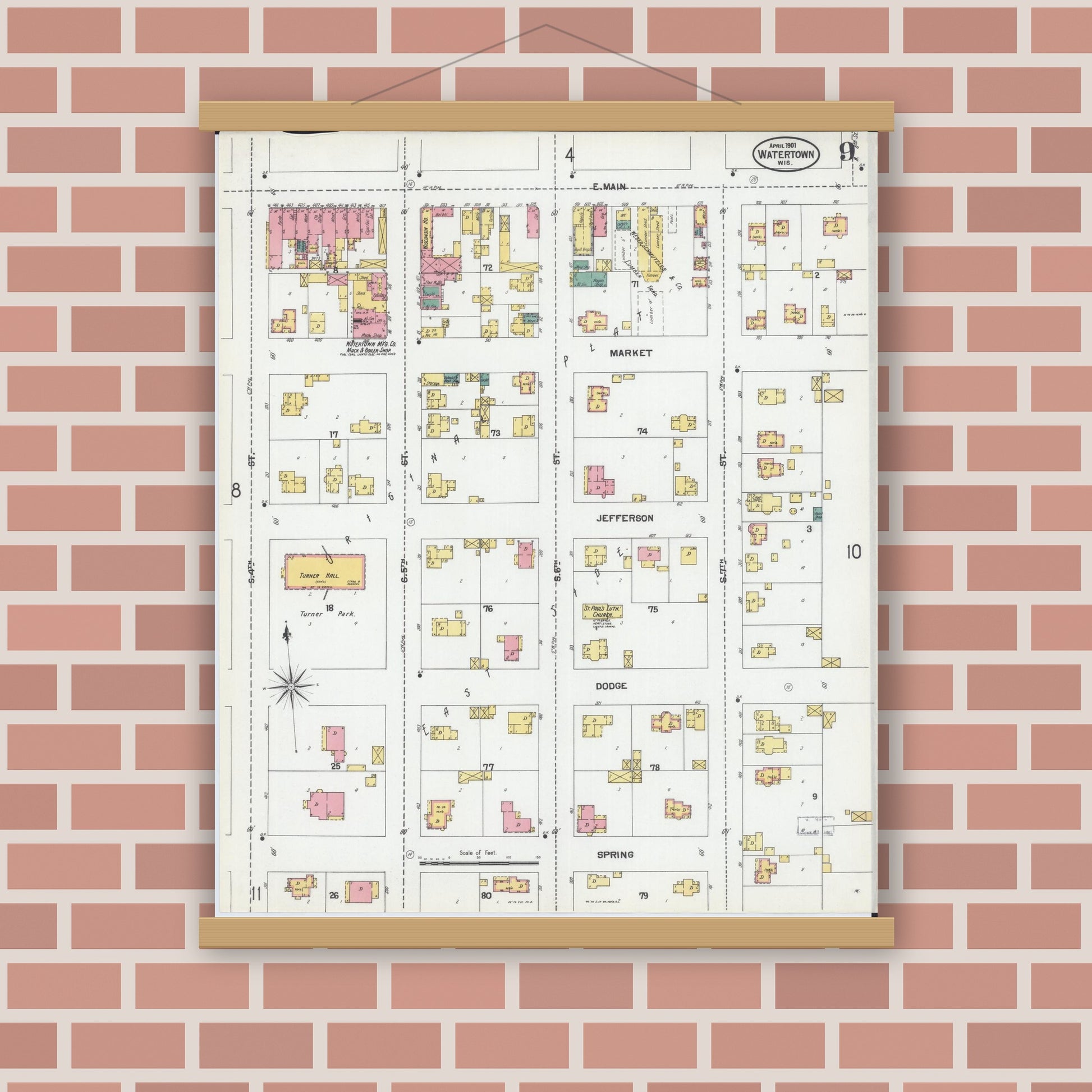Old map wall art mockup — magnetic wood frame on brick wall — Sanborn Fire Insurance Map from Watertown, Jefferson County, Wisconsin (1901), Sheet #0009