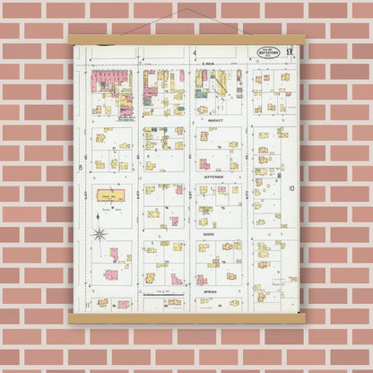 Old map wall art mockup — magnetic wood frame on brick wall — Sanborn Fire Insurance Map from Watertown, Jefferson County, Wisconsin (1901), Sheet #0009