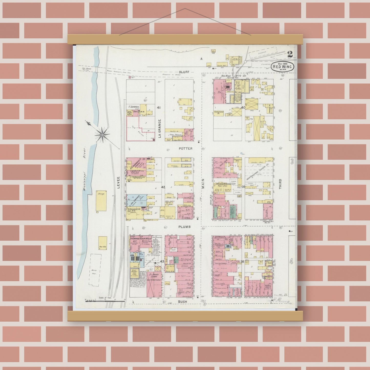 Old map wall art mockup — magnetic wood frame on brick wall — Sanborn Fire Insurance Map from Red Wing, Goodhue County, Minnesota (1895), Sheet #0002