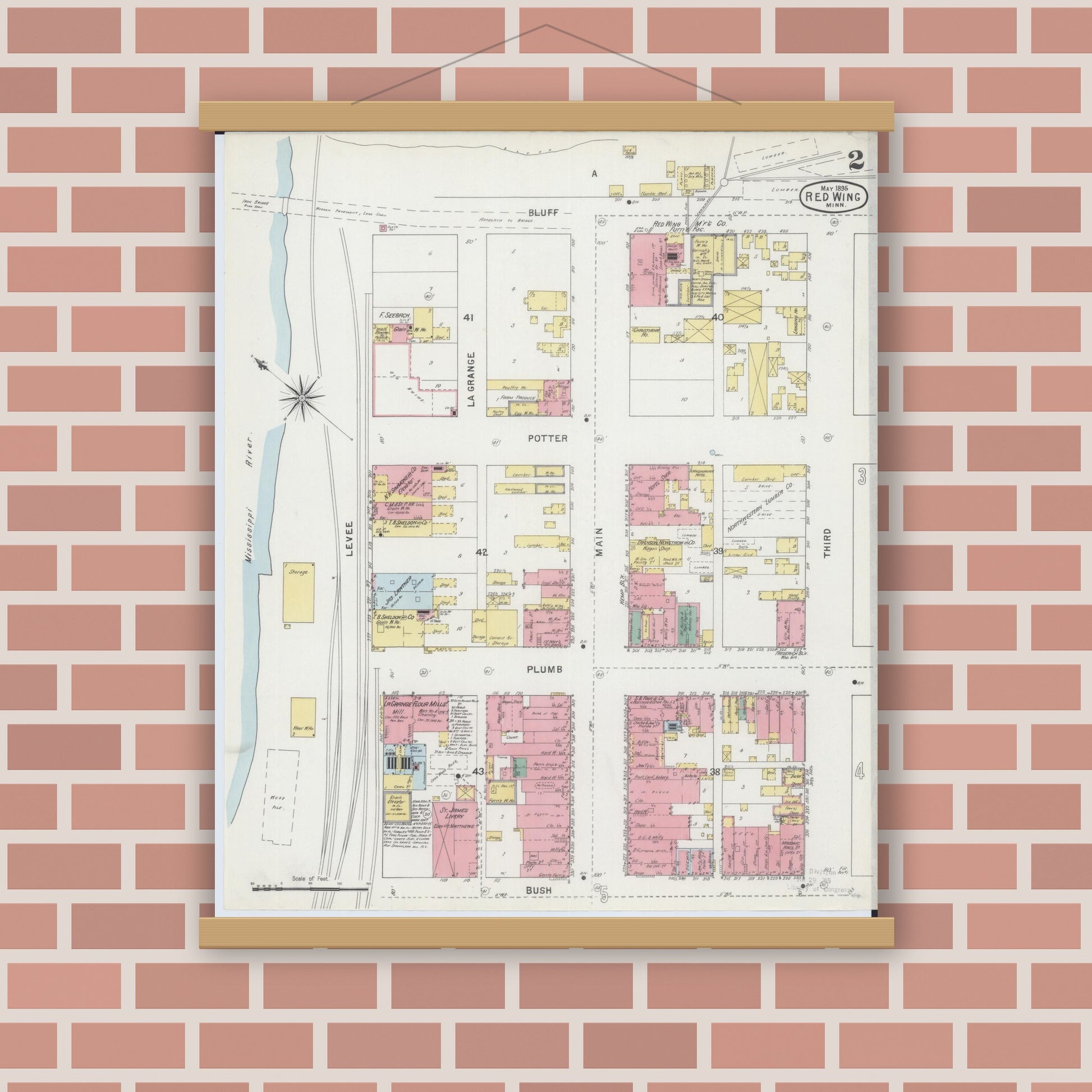 Old map wall art mockup — magnetic wood frame on brick wall — Sanborn Fire Insurance Map from Red Wing, Goodhue County, Minnesota (1895), Sheet #0002