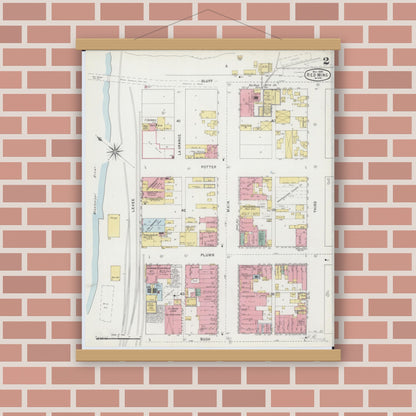 Old map wall art mockup — magnetic wood frame on brick wall — Sanborn Fire Insurance Map from Red Wing, Goodhue County, Minnesota (1895), Sheet #0002