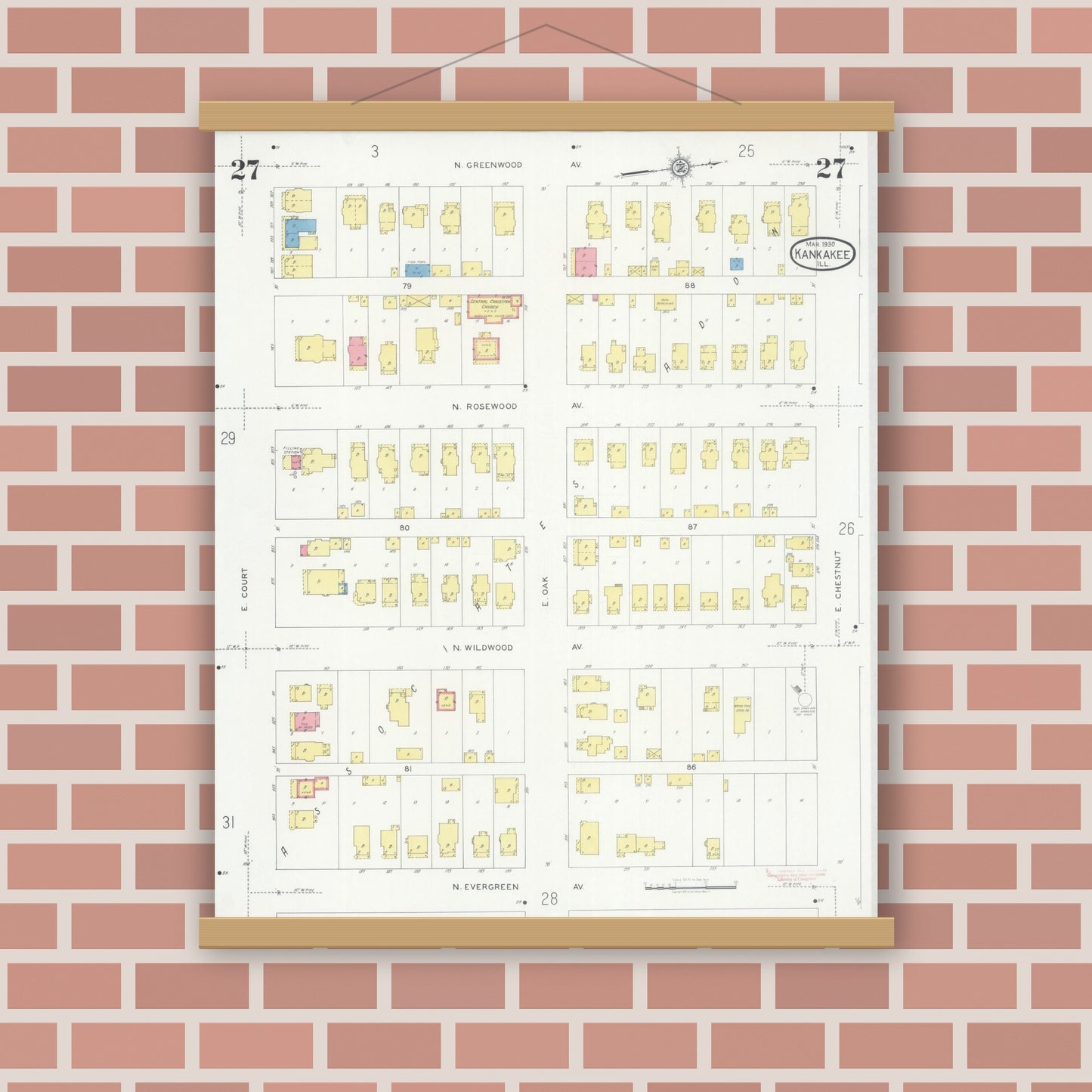 Old map wall art mockup — magnetic wood frame on brick wall — Sanborn Fire Insurance Map from Kankakee, Kankakee County, Illinois (1930), Sheet #0027