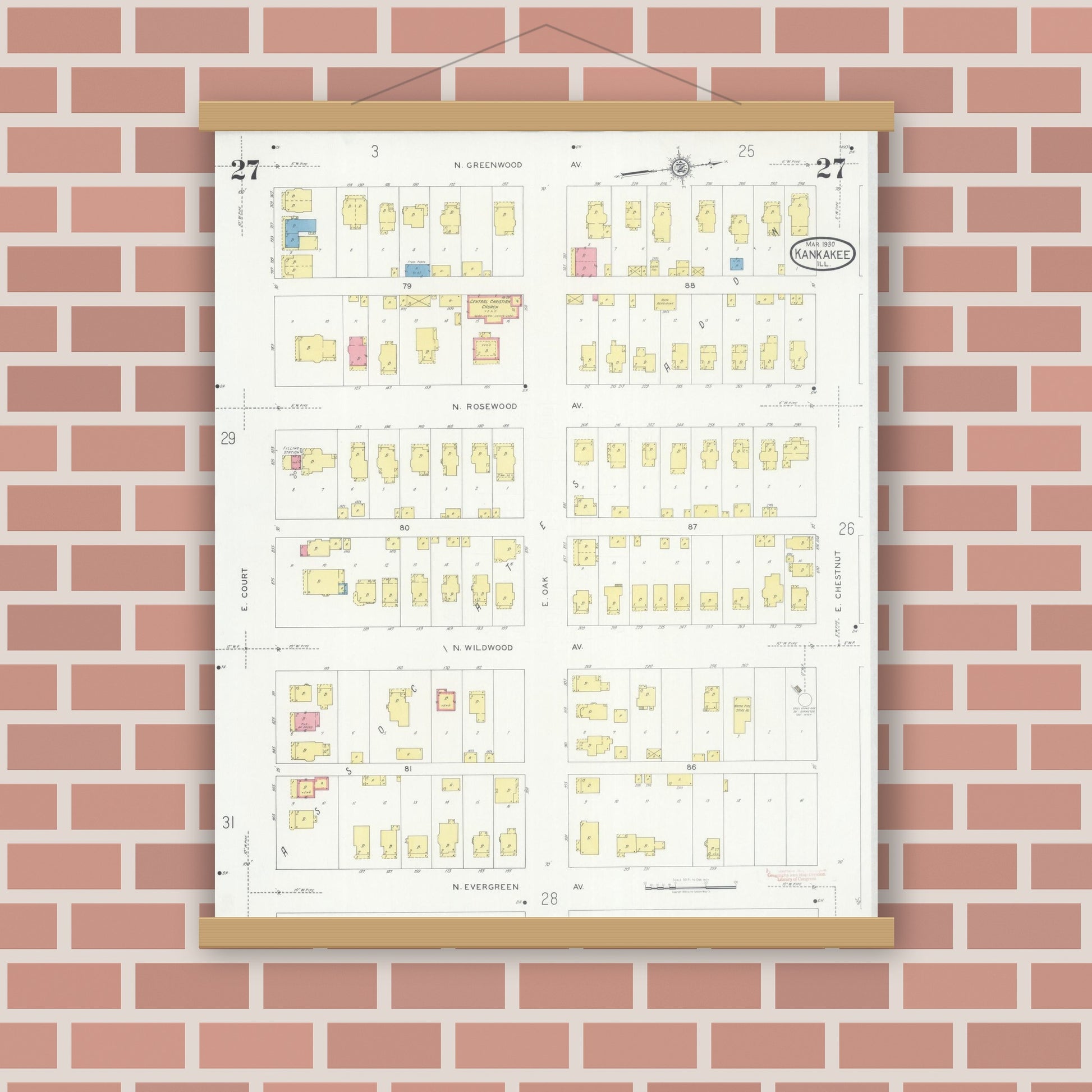 Old map wall art mockup — magnetic wood frame on brick wall — Sanborn Fire Insurance Map from Kankakee, Kankakee County, Illinois (1930), Sheet #0027