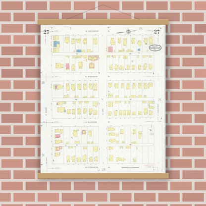 Old map wall art mockup — magnetic wood frame on brick wall — Sanborn Fire Insurance Map from Kankakee, Kankakee County, Illinois (1930), Sheet #0027