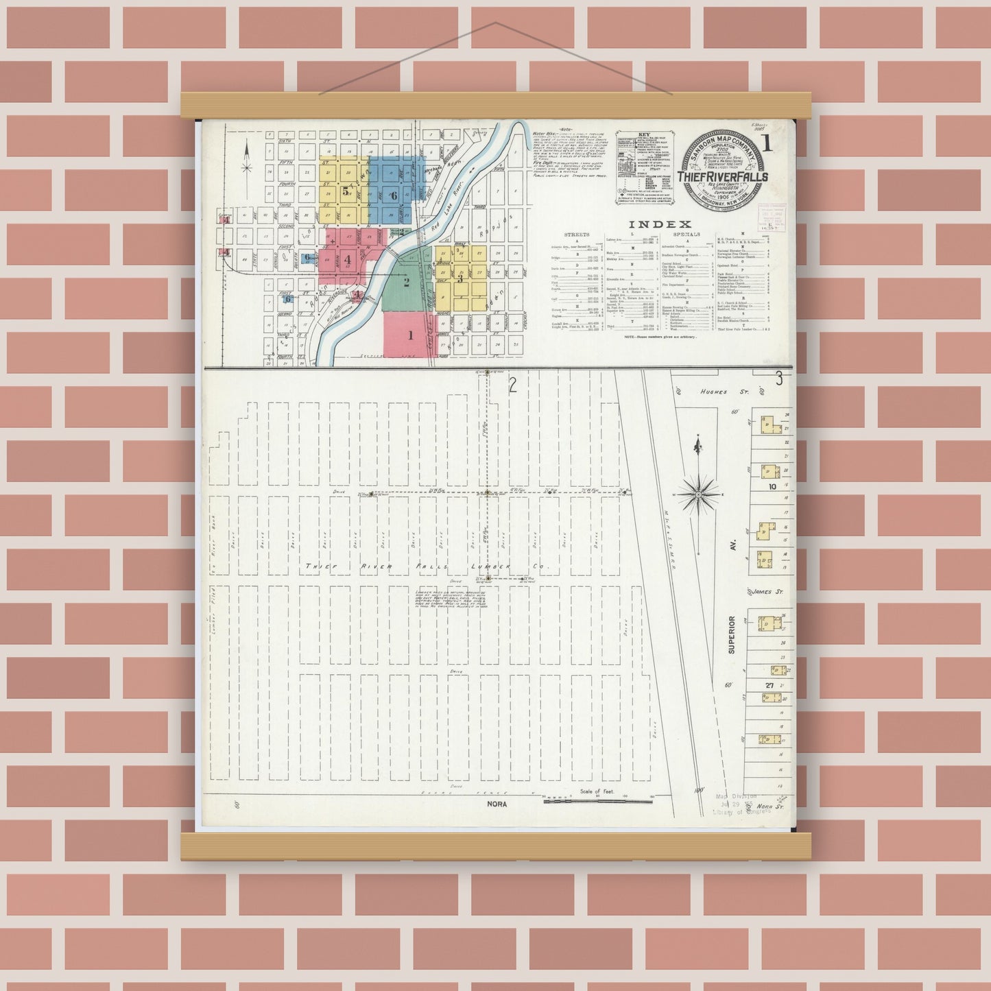 Old map wall art mockup — magnetic wood frame on brick wall — Sanborn Fire Insurance Map from Thief River Falls, Pennington County, Minnesota (1906) - Complete Map Set