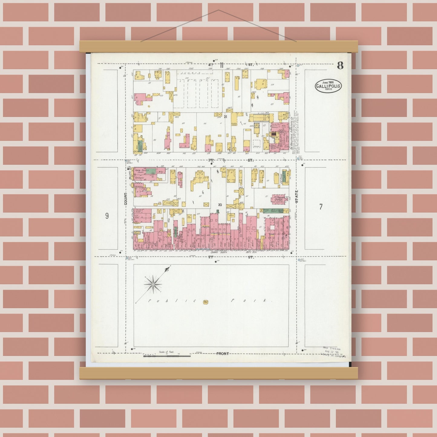 Old map wall art mockup — magnetic wood frame on brick wall — Sanborn Fire Insurance Map from Gallipolis, Gallia County, Ohio (1900), Sheet #0008