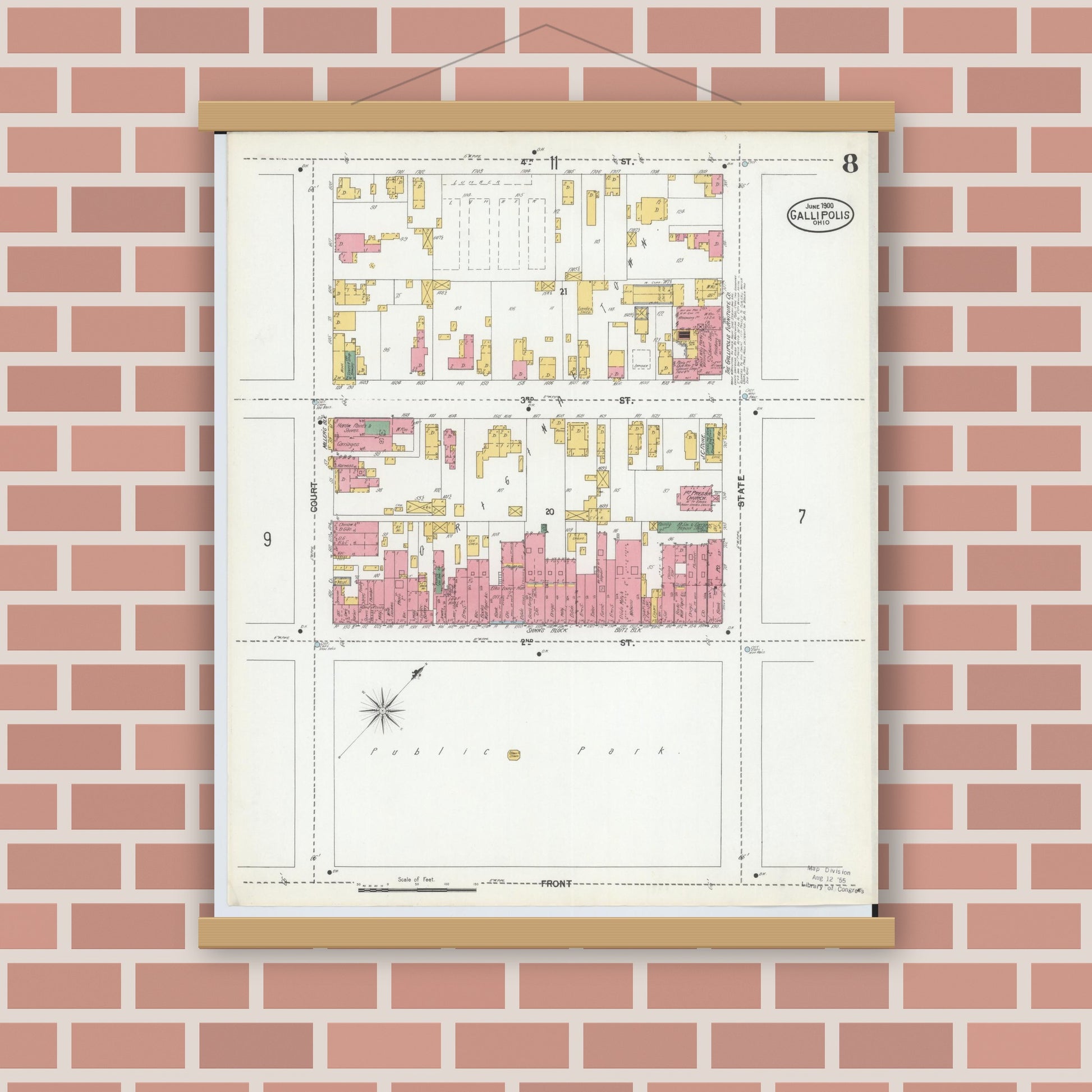 Old map wall art mockup — magnetic wood frame on brick wall — Sanborn Fire Insurance Map from Gallipolis, Gallia County, Ohio (1900), Sheet #0008