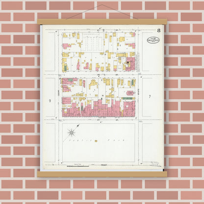 Old map wall art mockup — magnetic wood frame on brick wall — Sanborn Fire Insurance Map from Gallipolis, Gallia County, Ohio (1900), Sheet #0008