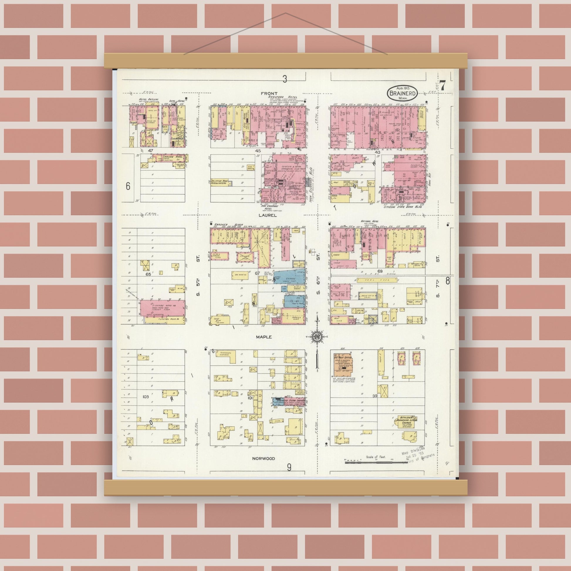 Old map wall art mockup — magnetic wood frame on brick wall — Sanborn Fire Insurance Map from Brainerd, Crow Wing County, Minnesota (1913), Sheet #0007