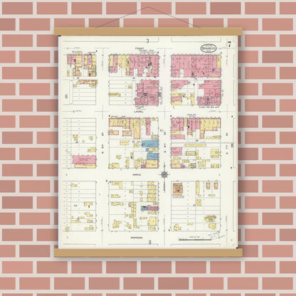 Old map wall art mockup — magnetic wood frame on brick wall — Sanborn Fire Insurance Map from Brainerd, Crow Wing County, Minnesota (1913), Sheet #0007