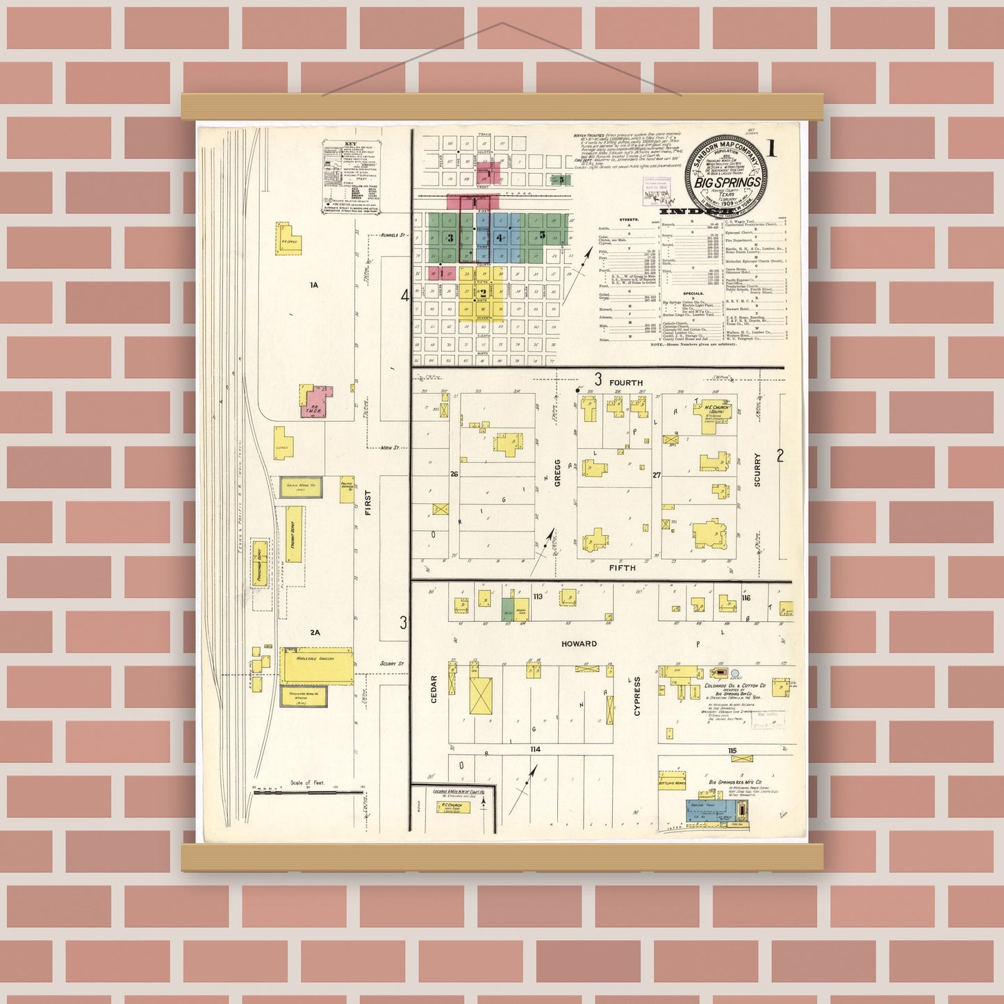 Old map wall art mockup — magnetic wood frame on brick wall — Sanborn Fire Insurance Map from Big Spring, Howard County, Texas (1909), Sheet #0001