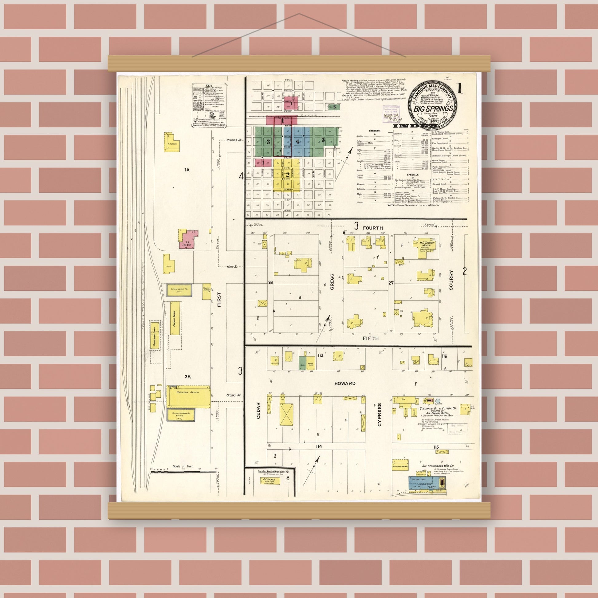 Old map wall art mockup — magnetic wood frame on brick wall — Sanborn Fire Insurance Map from Big Spring, Howard County, Texas (1909), Sheet #0001
