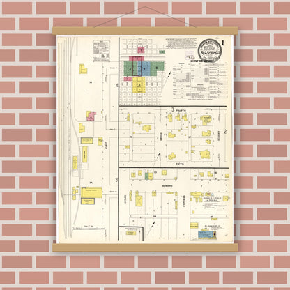 Old map wall art mockup — magnetic wood frame on brick wall — Sanborn Fire Insurance Map from Big Spring, Howard County, Texas (1909), Sheet #0001