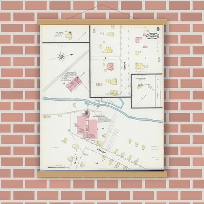 Old map wall art mockup — magnetic wood frame on brick wall — Sanborn Fire Insurance Map from Concord, Cabarrus County, North Carolina (1892), Sheet #0003