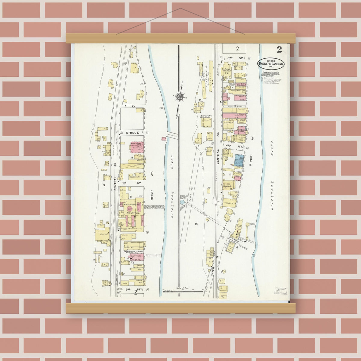 Old map wall art mockup — magnetic wood frame on brick wall — Sanborn Fire Insurance Map from Parkers Landing, Armstrong County, Pennsylvania (1910), Sheet #0002