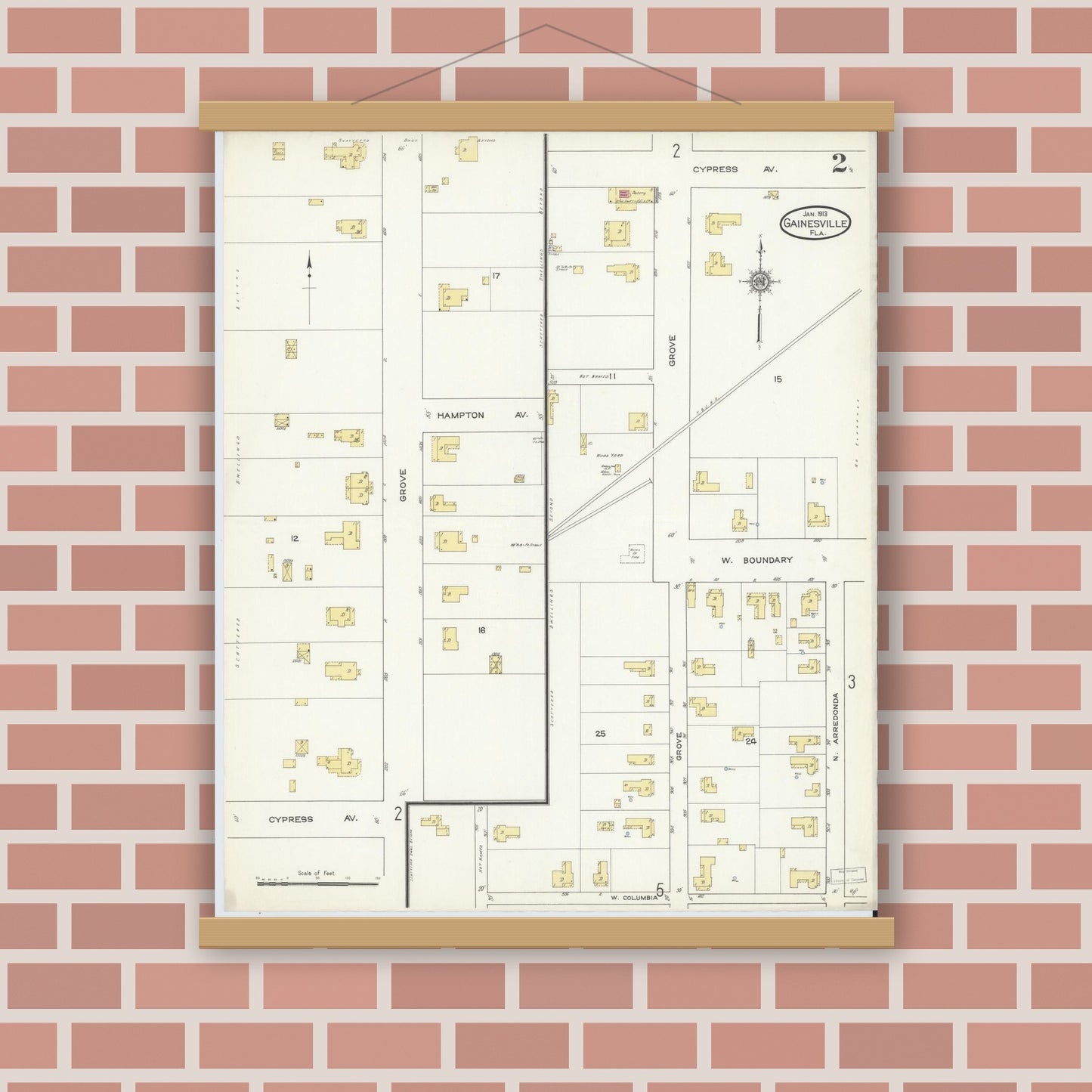 Old map wall art mockup — magnetic wood frame on brick wall — Sanborn Fire Insurance Map from Gainesville, Alachua County, Florida (1913), Sheet #0002