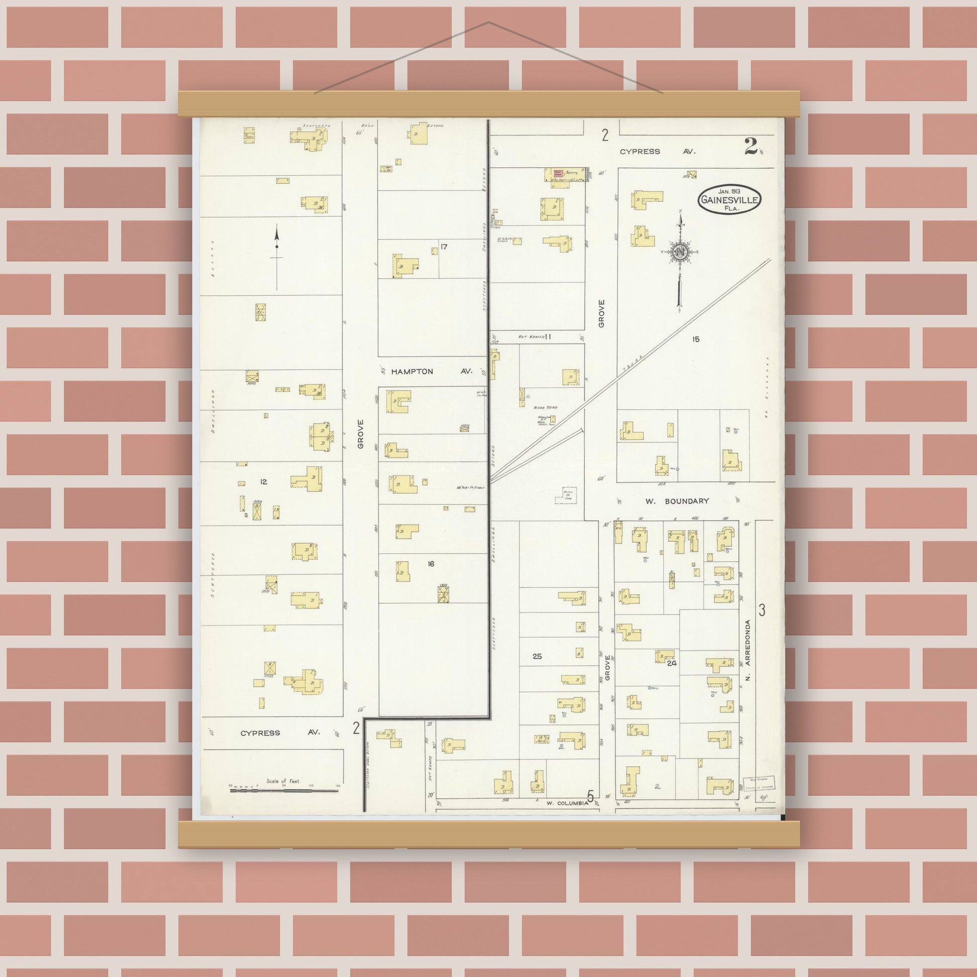 Old map wall art mockup — magnetic wood frame on brick wall — Sanborn Fire Insurance Map from Gainesville, Alachua County, Florida (1913), Sheet #0002