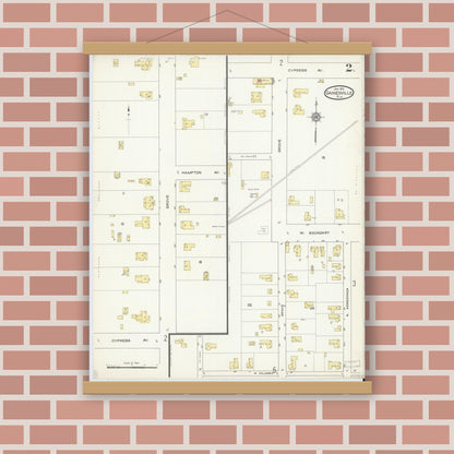 Old map wall art mockup — magnetic wood frame on brick wall — Sanborn Fire Insurance Map from Gainesville, Alachua County, Florida (1913), Sheet #0002