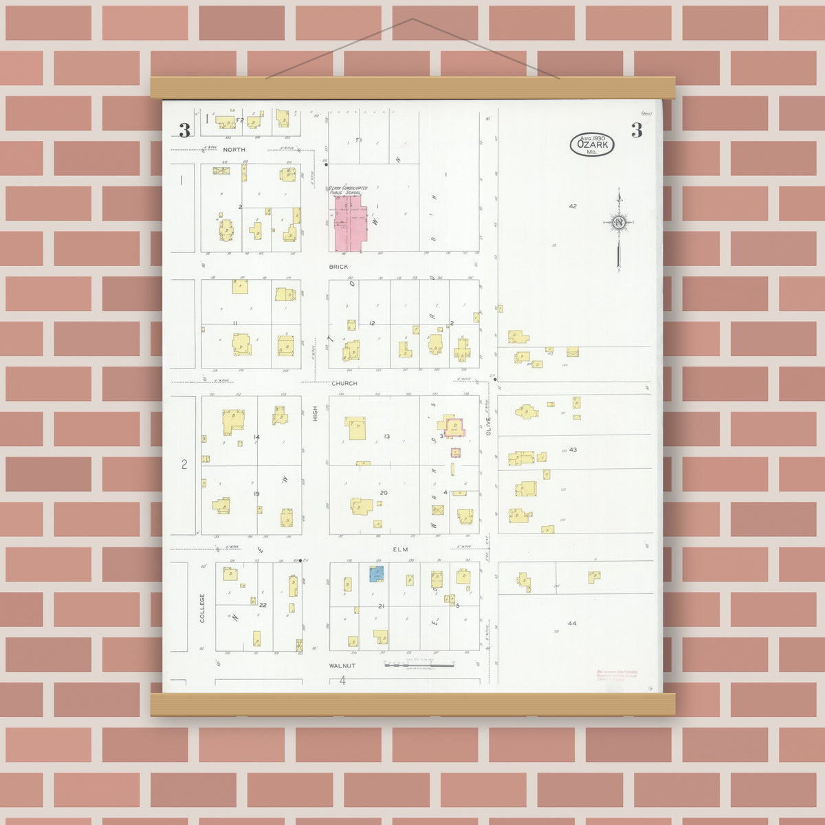 Old map wall art mockup — magnetic wood frame on brick wall — Sanborn Fire Insurance Map from Ozark, Christian County, Missouri (1930), Sheet #0003