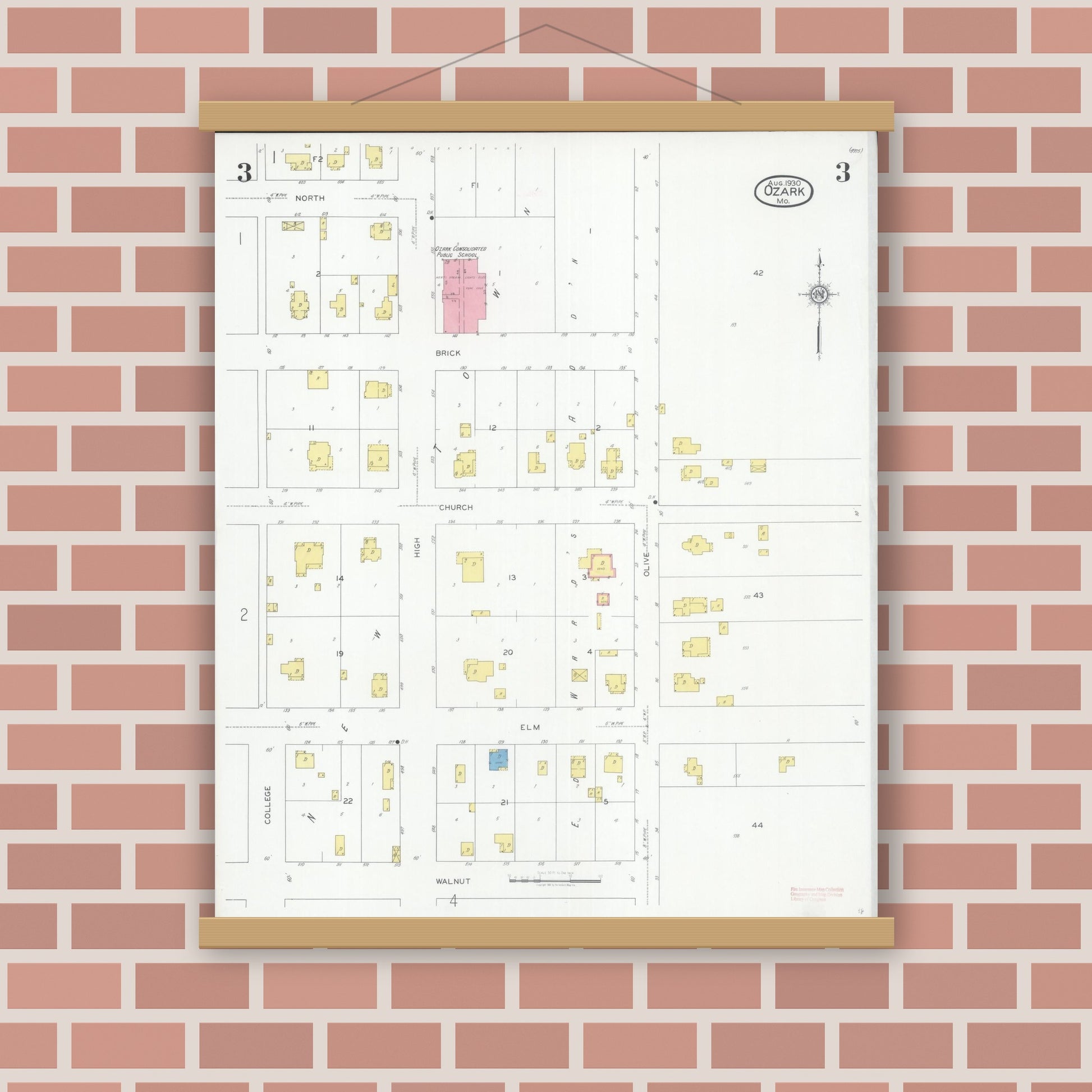 Old map wall art mockup — magnetic wood frame on brick wall — Sanborn Fire Insurance Map from Ozark, Christian County, Missouri (1930), Sheet #0003