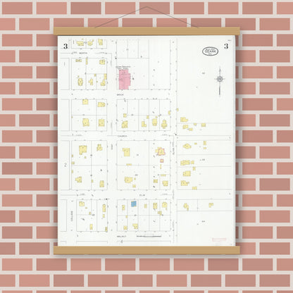 Old map wall art mockup — magnetic wood frame on brick wall — Sanborn Fire Insurance Map from Ozark, Christian County, Missouri (1930), Sheet #0003