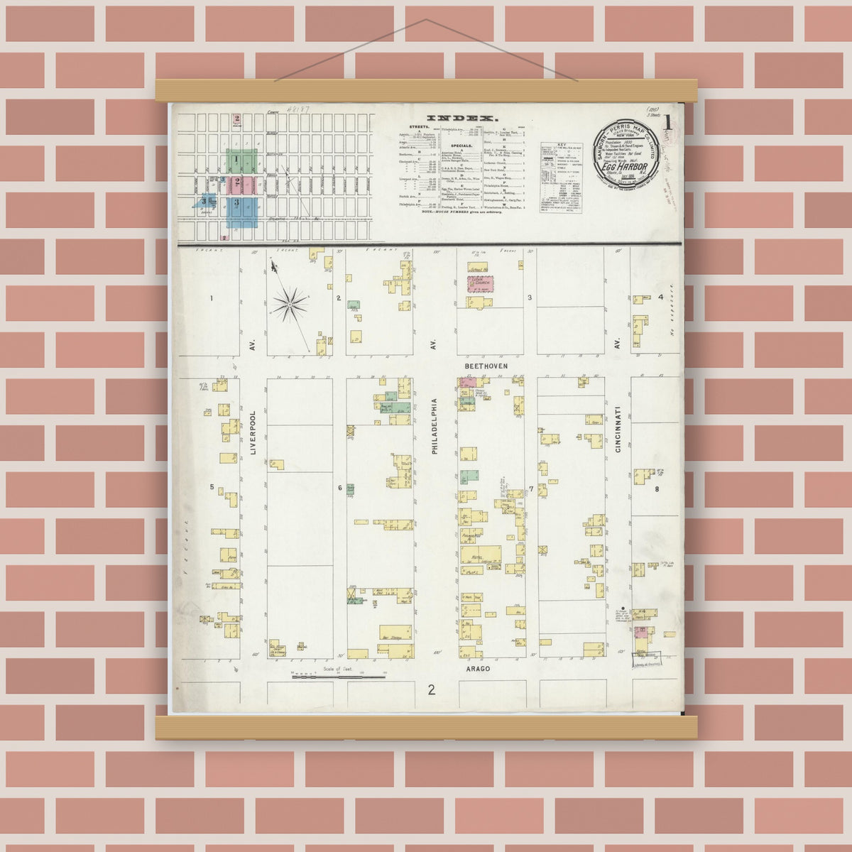Old map wall art mockup — magnetic wood frame on brick wall — Sanborn Fire Insurance Map from Egg Harbor City, Atlantic County, New Jersey (1896), Sheet #0001