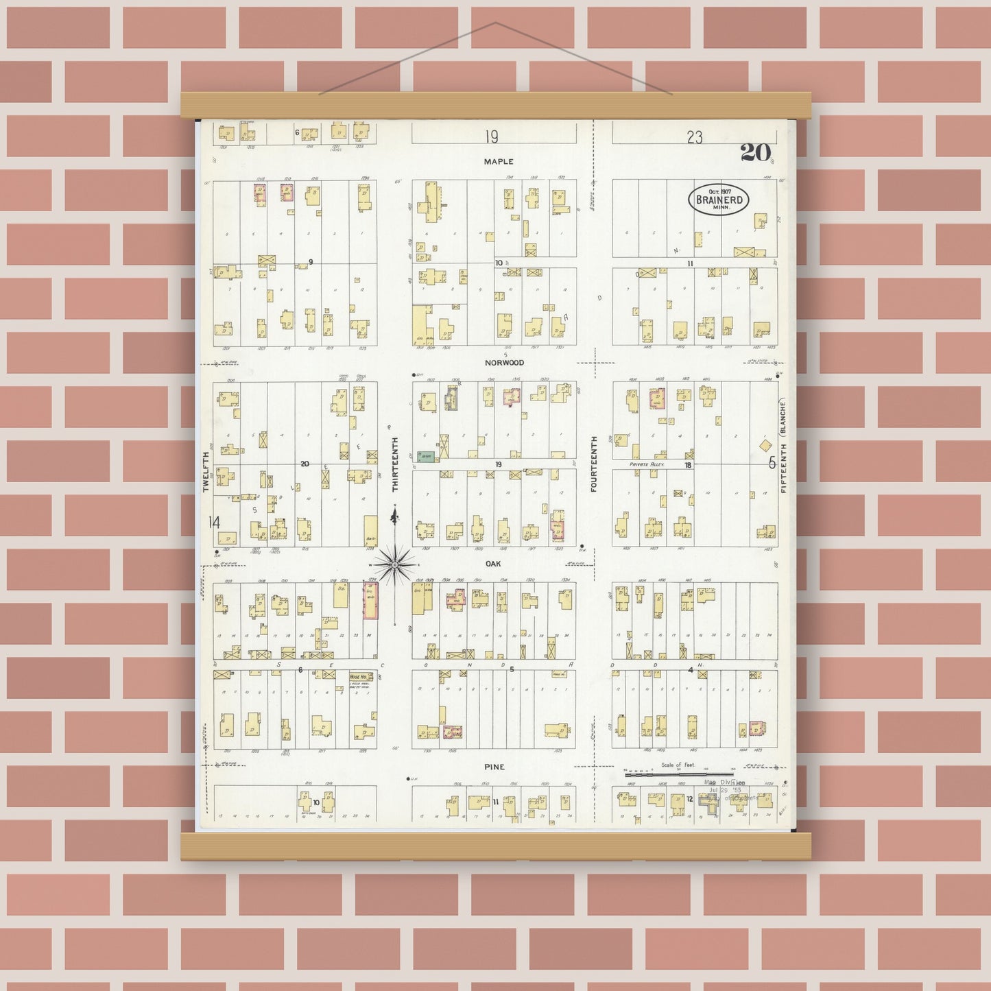 Old map wall art mockup — magnetic wood frame on brick wall — Sanborn Fire Insurance Map from Brainerd, Crow Wing County, Minnesota (1907), Sheet #0020