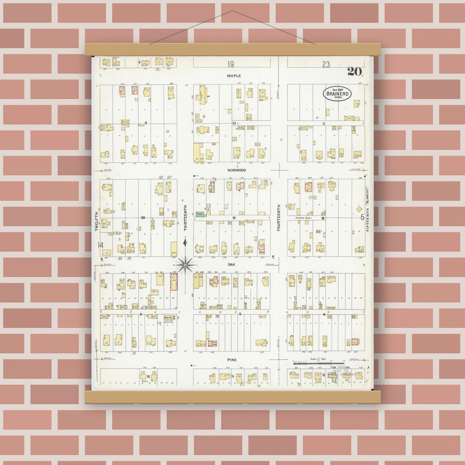 Old map wall art mockup — magnetic wood frame on brick wall — Sanborn Fire Insurance Map from Brainerd, Crow Wing County, Minnesota (1907), Sheet #0020