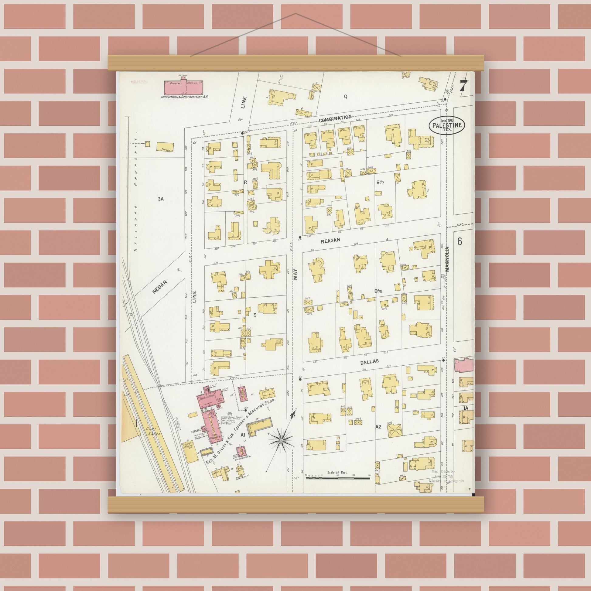 Old map wall art mockup — magnetic wood frame on brick wall — Sanborn Fire Insurance Map from Palestine, Anderson County, Texas (1900), Sheet #0007